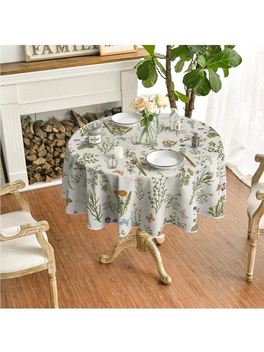 NEW Horaldaily Spring Tablecloth 90” Round Watercolor Wildflowers Herbs Washable